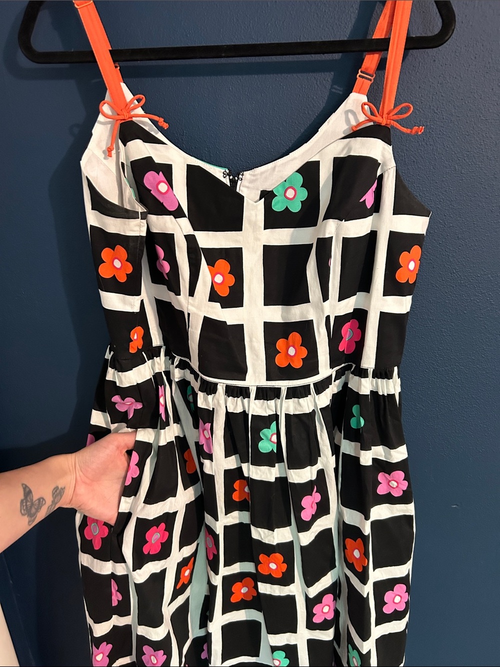 Hell Bunny Black Grid Sundress with Orange Straps and Multicolor Flowers - Picture 3 of 7